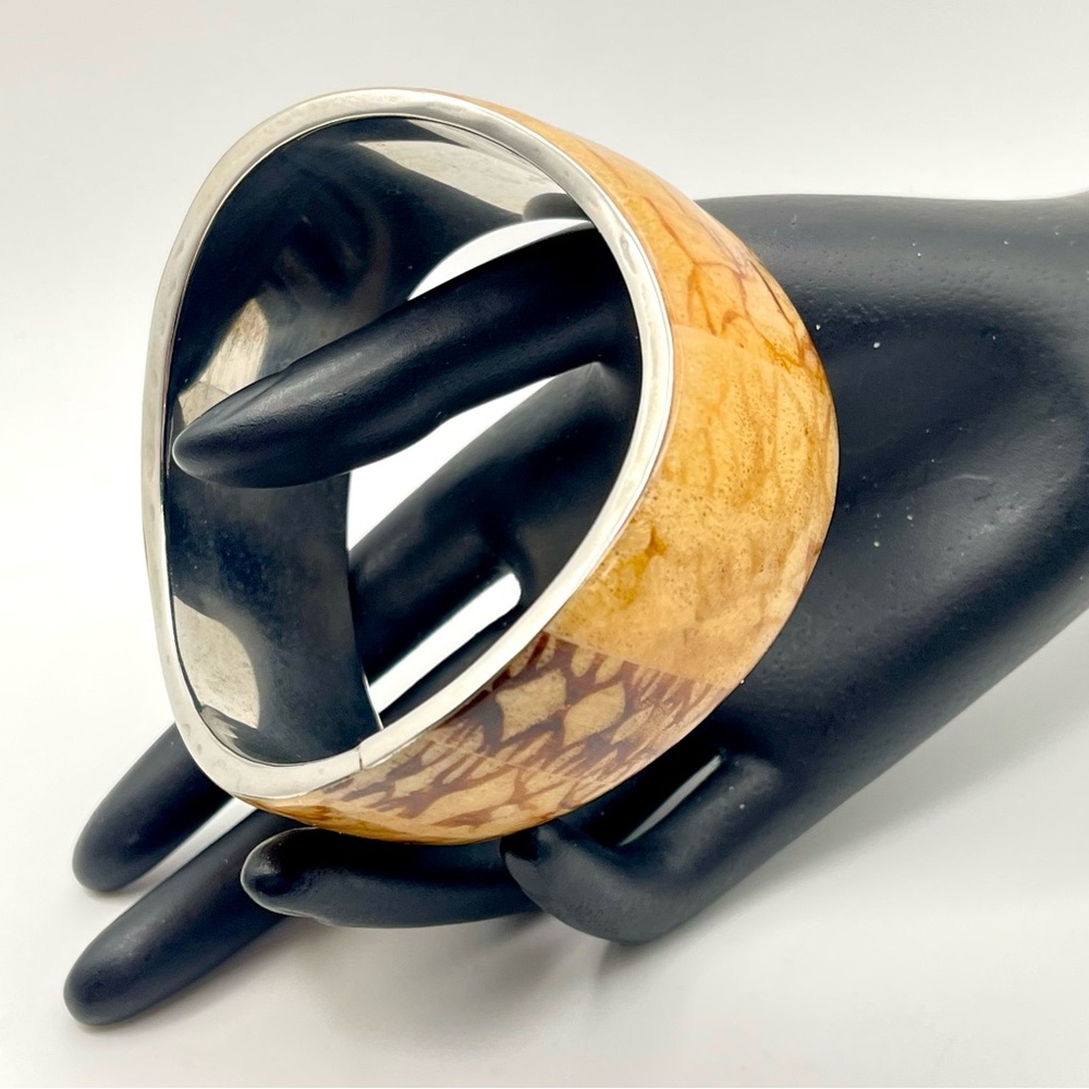 Chunky Handcrafted Ethnic Picture Jasper Bangle Bracelet Wave Design Estate Pc